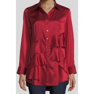 Finley Women's Red Long-Sleeve Button-Up Tiered Ruffle Satin Blouse Size S NWT